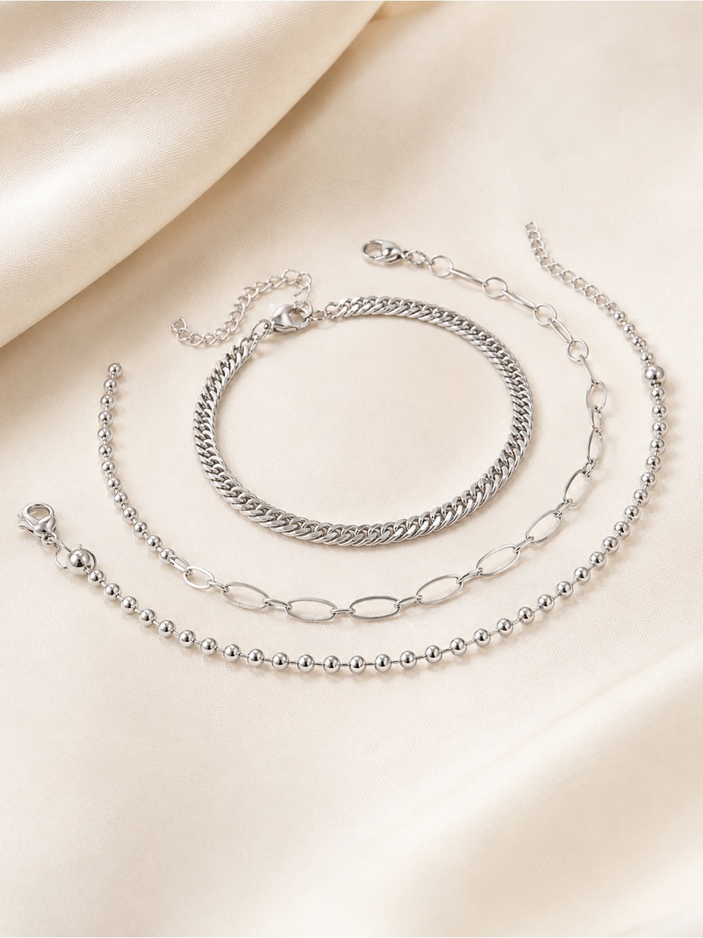 3pc Stainless Steel Bracelet Set Curb Paperclip Beaded Chain Adjustable